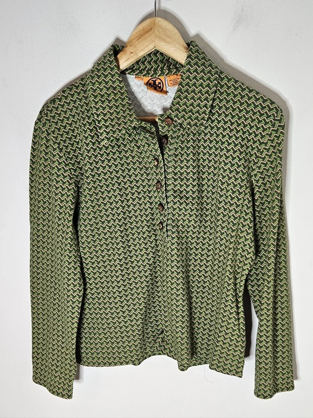 Tory Burch Knit Top Blouse Collar Long Sleeves Green Chevron Women's L Large